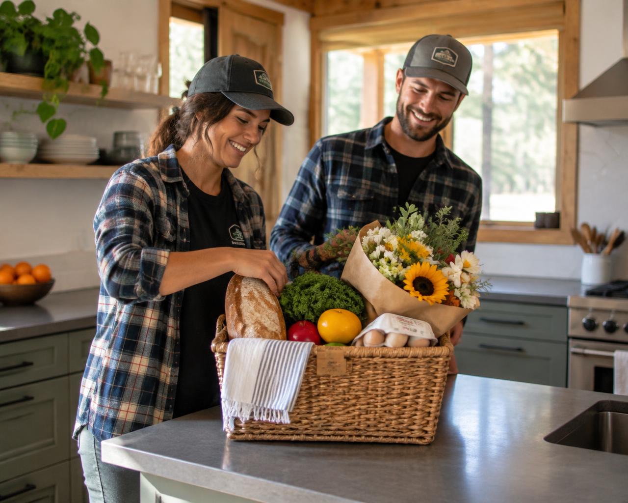 The Home Concierge team preparing a welcome basket in a bright kitchen